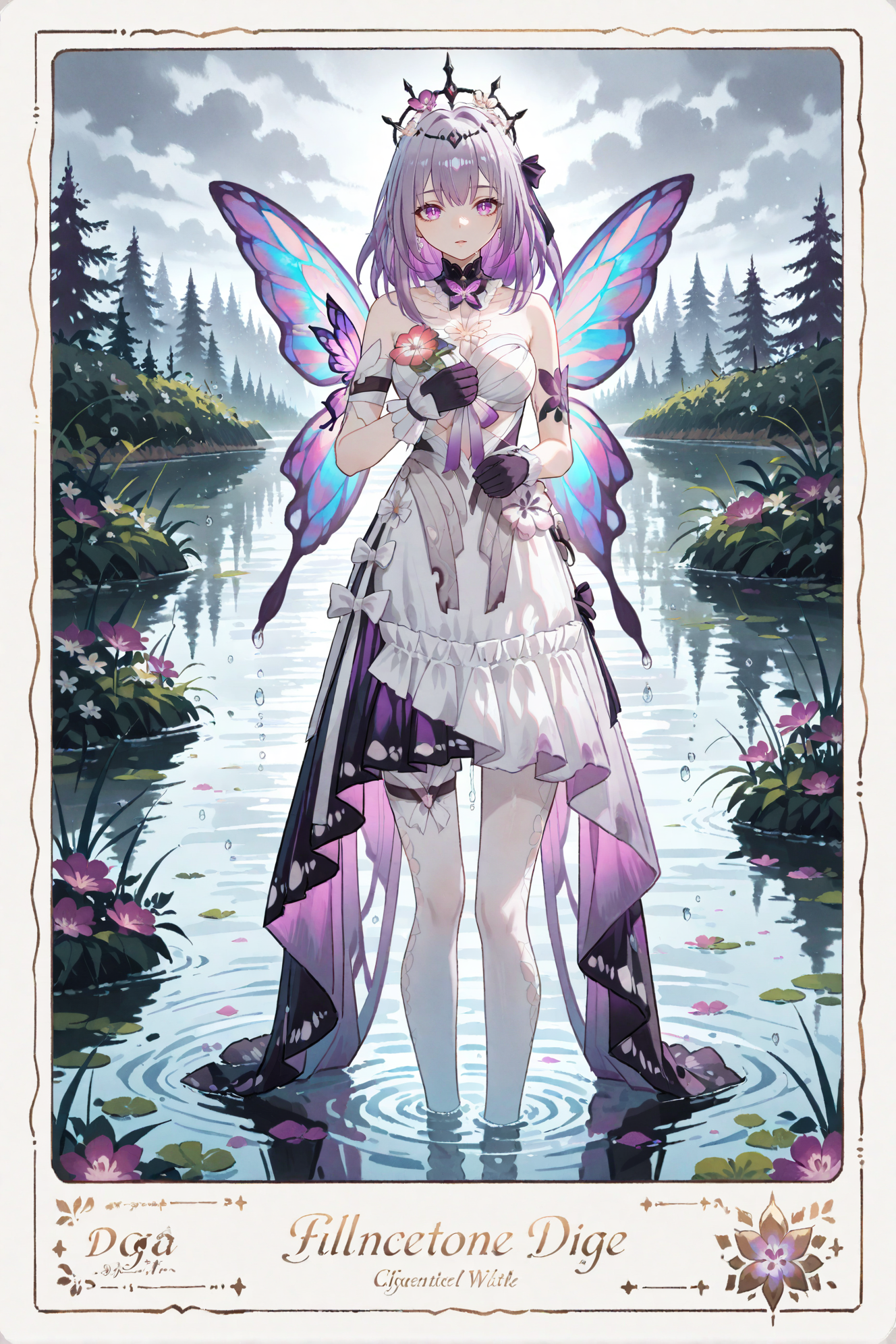 best quality,masterpiece,newest,absurd res,hi res,very awa,honovy,(mucknagabe:0.7),(blotch:0.7),butterfly wings,solo,toga,looking at viewer,innocent,standing,partially submerged,water,ethereal,iridescent,overcast,highlands,lake,cinematic lighting,dramatic,dew glistening,water drops,dark,postcard,(lineart:0.6),watercolor,illustration,vintage,(art nouveau:0.2),light-dark contrast,
<lora:Castorice-noob-Tanger-000014:0.8>,
Castorice (honkai: star rail),clothes: Castorice  def  white dress,black tiara,1girl,purple eyes,purple hair,bangs,black gloves,white pantyhose,
<lora:noobai_ep11_stabilizer_v0.138_fp16:0.5>,<lora:UnifiedTheory:0.5>,<lora:ponyv6_noobV1_2_adamW-000017:0.8>,<lora:tsubura-noobxl:0.6>,