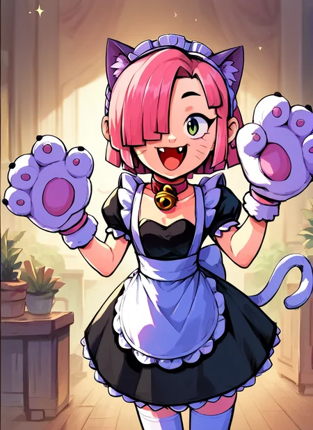score_9, score_8_up, score_7_up , <lora:pawlette:1> 1girl, human , pawlette ,animal ears, cat tail , pink hair, hair over one eye, maid headdress, bracelet ,necklace, neck bell, maid, short dress, White Stockings , paw gloves,solo , smile , open mouth, ,fang , <lora:Aer0Zer0_Artist_Style:1>aerozerorisk