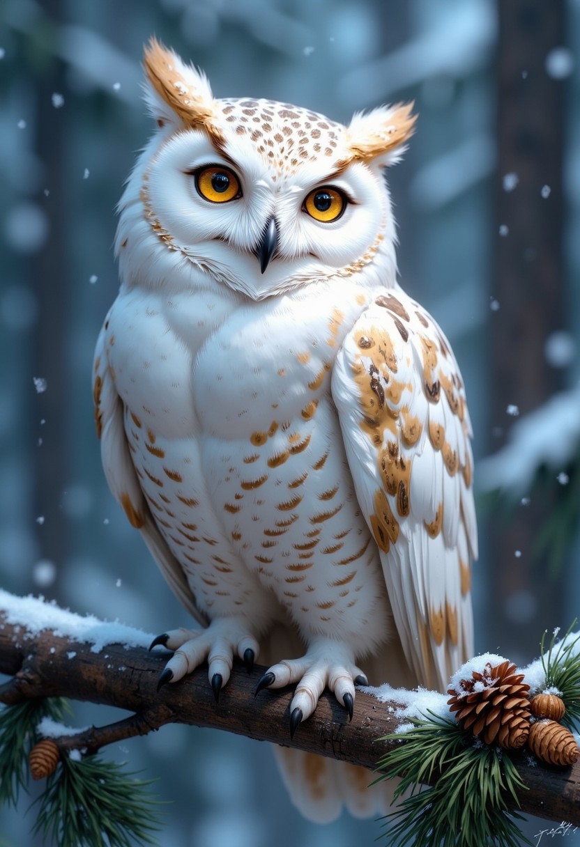 detailed white owl perched on a branch. The owl has soft, snow-white feathers with light brown and beige accents, especially around its face and wings. Its round, golden-yellow eyes stand out, giving it a wise and observant expression. The background is blurred, suggesting a wintry forest scene with a gentle snowfall, creating a calm and serene atmosphere. The owl's feathers appear fluffy, and it sits peacefully on a branch adorned with pine needles and cones