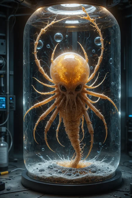 In a large glass cylinder filled with a yellowish fluid a scorpion-like abomination is being synthesized. Air bubbles rise within the fluid. In a hyper-modern sci-fi bio lab, the abomination lies prominently in the tank as bio fibers are generated and intricately connected to its skeletal and translucent parts. The synthesis process is emphasized with glowing indicators, light flashes, and a network of bio fibers weaving into the creature. The lab is filled with advanced, transparent screens displaying data. Everything flows and melds into a mesmerizing vortex of golden light, spiraling into a singularity at the center. Brilliant flashes of thoughts and ideas shoot through the scene, desperately seeking order amidst the swirling chaos. The scene is a symphony of movement and energy, with each element contributing to the overwhelming sense of otherworldly wonder.
hyperdetailed photography, masterpiece, best quality, high quality, highres, ultra-detailed, best quality, 8K, high resolution, extreme detail,
, <lora:add-detail-xl:2> <lora:dvr-cl-dvsn:0.6> dvr-cl-dvsn <lora:EpicF4nta5yXL:0.4> <lora:ral-ertmsphr:0.4> ral-ertmsphr