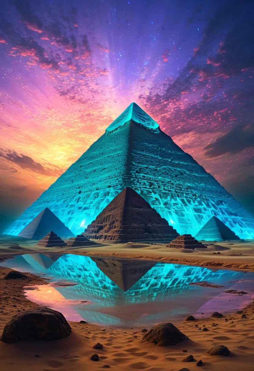 (by Ellen Jewett:1.5), (Bioluminescent Impressionism, Egyptian landscape, The Dreamland, Egyptian desert, sand, rock, great pyramids, fine pyramids, smooth pyramids, techno pyramids with great beams of light shooting up into the sky, sky sunset, sunrise ,waterfall, ethereal landscapes, depth of field, biotech emotion:1.3) <lora:xl_more_art-full_v1:0.5> <lora:add-detail-xl:1> <lora:RMSDXL_Creative:2>