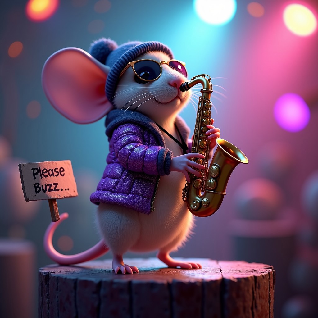 A cute mouse playing the saxophone up on a high pedestal, wearing a beanie, shades, a purple sparkling jacket, disco lights, photorealistic, a cardboard sign that says "Please Buzz...", colourful, epic, cinematic shot,