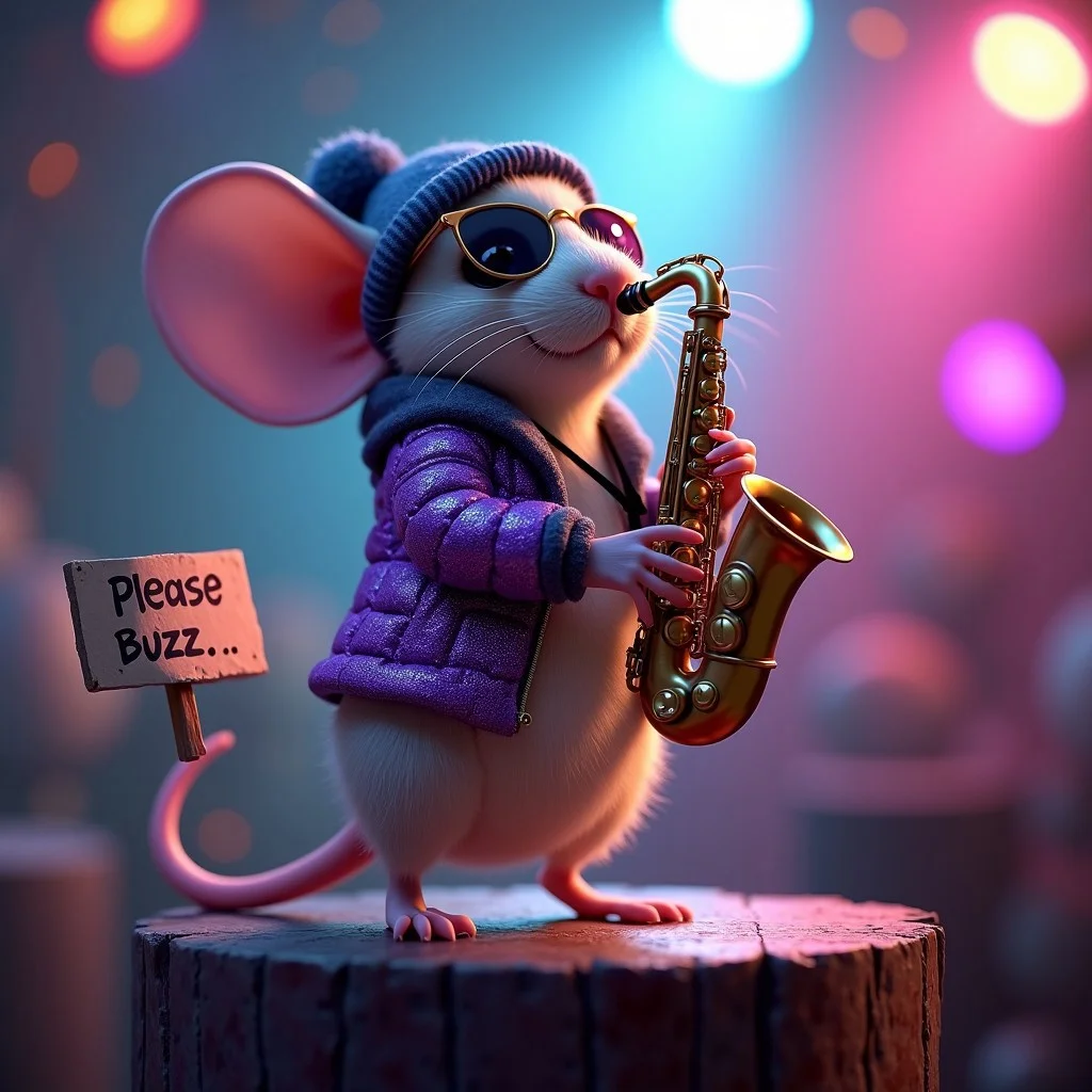 A cute mouse playing the saxophone up on a high pedestal, wearing a beanie, shades, a purple sparkling jacket, disco lights, photorealistic, a cardboard sign that says "Please Buzz...", colourful, epic, cinematic shot,