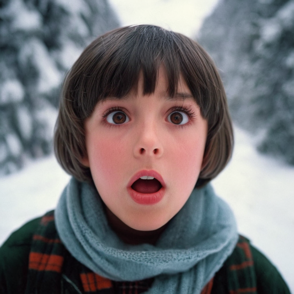 UHD, 4k, ultra detailed, cinematic, a photograph of  <lora:perfection style:0.5> <lora:detailed:0.5> perfection detailed
 <lora:The Shining film style:0.9>
 <lora:1980's style:0.4>
From below, In the 1980's in the Colorado Rocky Mountains a young boy with a surprised look on his face,1girl,solo,looking at viewer,short hair,open mouth,bangs,brown hair,brown eyes,teeth,blunt bangs,scarf,blurry,black eyes,lips,blurry background,traditional media,bob cut,portrait,close-up,realistic , cinematic, film, kodak, The Shining film style, epic, beautiful lighting, inpsiring