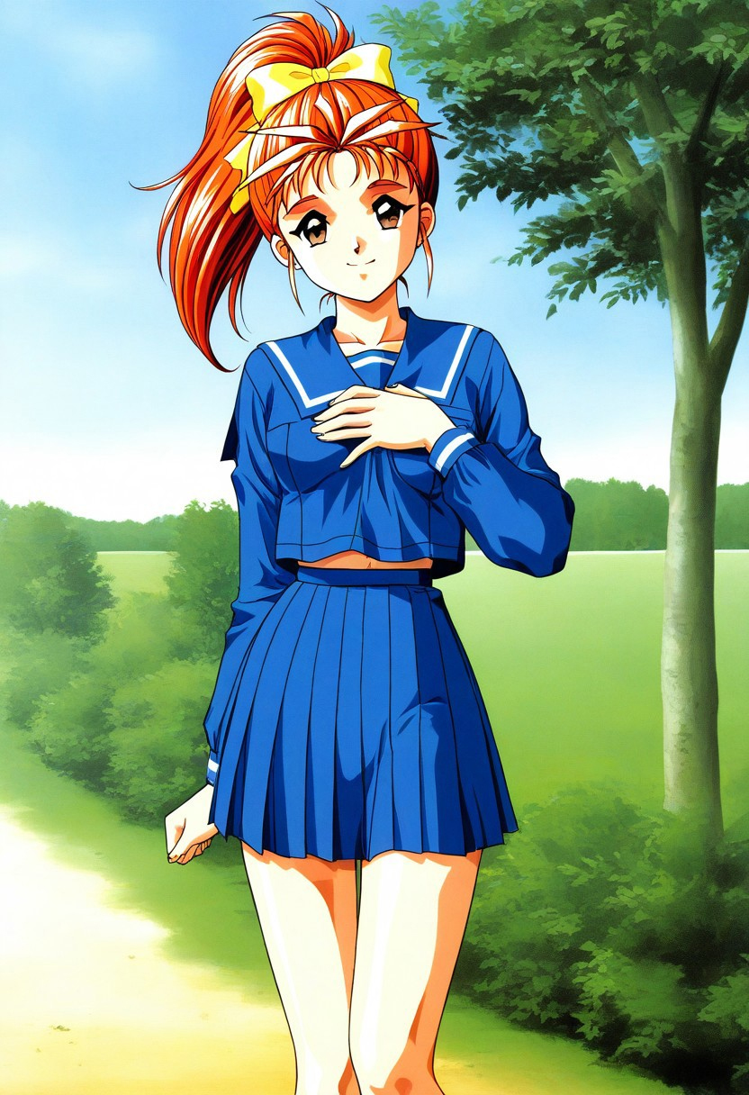 <lora:Saotome_Yumi_PONYXL:1>, general,highres, ultra-detailed,very aesthetic,masterpiece, best quality, 1990s (style), 1girl, solo,
Saotome_Yumi, brown eyes, orange hair, hair bow, high ponytail,  long hair, small breasts,
school uniform, blue serafuku, blue skirt, Yellow bow, hand on own chest, sailor collar, blue sailor collar, smile, long sleeves, pleated skirt, outdoor, tree, sky,closed mouth, standing, 