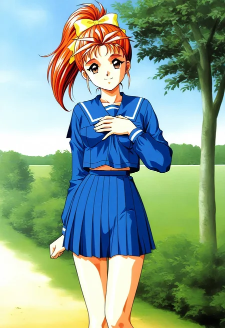 <lora:Saotome_Yumi_PONYXL:1>, general,highres, ultra-detailed,very aesthetic,masterpiece, best quality, 1990s (style), 1girl, solo,
Saotome_Yumi, brown eyes, orange hair, hair bow, high ponytail, long hair, small breasts,
school uniform, blue serafuku, blue skirt, Yellow bow, hand on own chest, sailor collar, blue sailor collar, smile, long sleeves, pleated skirt, outdoor, tree, sky,closed mouth, standing,