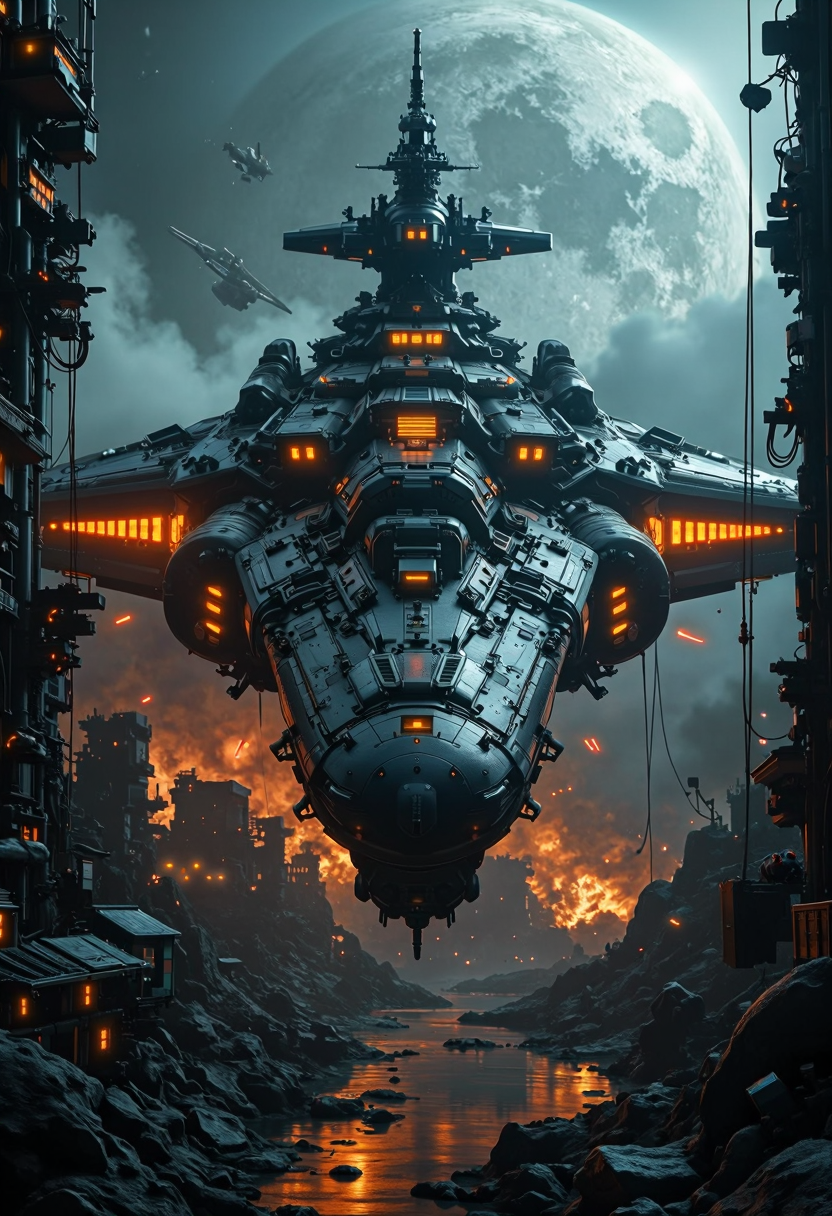 yfg-daak, Construction of a gigantic space battleship in an orbital shipyard. Planetary backdrop, cyberpunk, highly detailed, CinemaScope, moody, epic, gorgeous