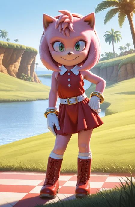 1girl, solo, full body, no humans, realistic, lazypos,
<lora:Movie-Amy_v3:1> movieamy, petite, short legs, happy, smile, short, pink fur,
red hairband, red dress, sleeveless dress, backless outfit, white belt, collared dress, white socks, white gloves, standing, lace-up boots, red boots,
contrapposto, standing, smile, looking at viewer, hand on own hip, gold bracelet,
<lora:Green_Hill_Zone-IL:0.8> gr33nh1ll, outdoors, blue sky, palm tree, grass, water, checkered dirt