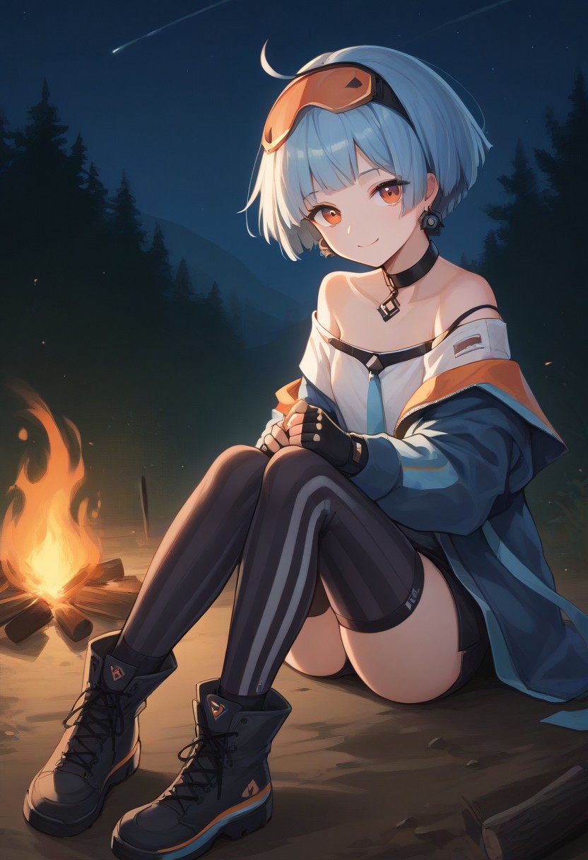 score_9, score_8_up, score_7_up, source_anime, BREAK goggles on head, earring, off-shoulder jacket, fingerless gloves, mismatched legwear, night, sitting down, campfire, looking at viewer, light smile