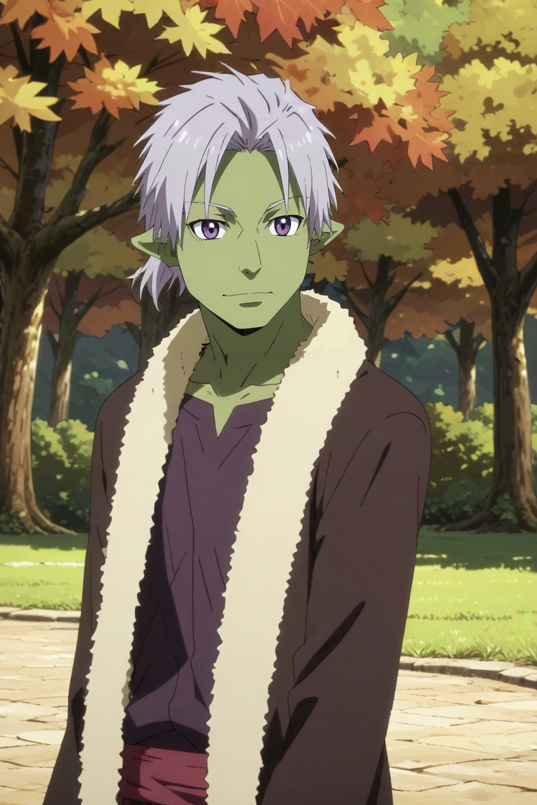 score_9, score_8_up, score_7_up, source_anime, rating_safe, , anime screencap, , official style, , , 1boy, solo, male focus, <lora:rigur_tensura_pony:0.82>, rigur_tensura, grey hair, purple eyes, pointy ears, , , tusks, ponytail, panorama, trees, autumn, leaves, dawn, dancing, laughing, , <lora:sdxl_lightning_8step_lora:1>