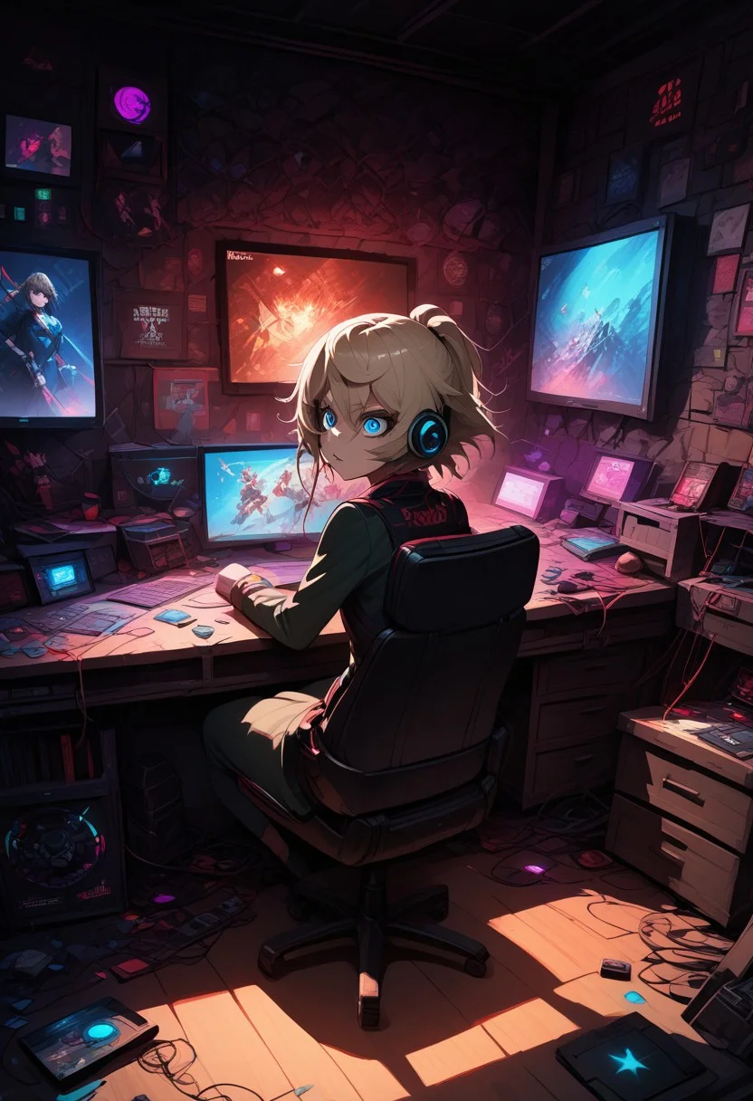 score_9, score_8_up, score_7_up, masterpiece, , 1 girl, TanyaDegurechaff, solo. The image features Tanya von Degurechaff, a character from The Saga of Tanya the Evil, sitting at a gaming desk in a dark room illuminated by the vibrant glow of her computer monitor. She is comfortably seated in a gaming chair, fully immersed in her gaming experience. The desk is cluttered with various gaming devices, showcasing her dedication to the hobby. An open can of Coca-Cola sits prominently on the table, hinting at her late-night gaming session, alongside several mini anime figurines of Tanya.
Tanya has striking blue eyes and short, platinum-blonde hair styled in a neat bob. Standing at around 140 cm (approximately 4'7"), she has a slender yet athletic build. Wearing gaming headphones, she appears fierce and intense, shouting in frustration or excitement, with wide eyes and spiraled pupils that reflect her determined personality.
The image is colorful and bursting with bright hues, creating an explosion of color on the screen! The high resolution enhances every detail, making the scene immersive and visually appealing. The dark surroundings contrast sharply with the vivid light from the screen, highlighting both her character and the gaming atmosphere.