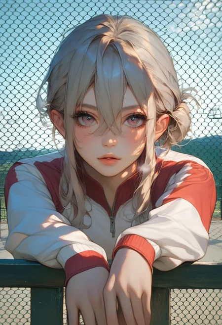Score_9, score_8_up, score_7_up, score_6_up, score_5_up, score_4_up,1girl, casual outdoor style, sporty casual look, (thumb hole sleeves:1.3), wearing thumbhole cuff, beautiful face, detailed anatomy, cinematic lighting, anime, beautiful girl, solo_focus, source_anime, (thumb hole cuff:1.1), cloudy sky, long sleeves, gloves, dynamic angle, runner sport outfit, fence, view through the fence looking at viewer, through fence, focus on fence, big long fence, from front, cinematic scene, CLOSE-UP on FACE. Her eyes dart around nervously. The camera slowly PUSHES IN as she takes a deep breath, she behind the fence, full lips, hair behind ear, hair between eyes, long eyelashes, eyeshadow, eyeliner