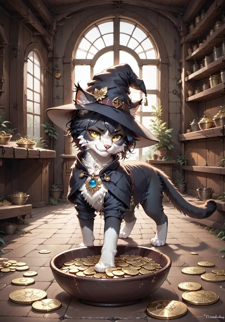 masterpiece, score_9_up, score_8_up, score_7_up, score_6_up, source_furry, (best quality:1.1), ultra-detailed, high resolution, highly detailed macro illustration, solo BREAK 1girl, Ember (ESO), feral, feline, black and white fur, (Beautiful yellow eyes:1.3), (wizard's hat:1.3), coat BREAK mikus-concept, arched back, (smug expression), eyes narrowed, (:3) BREAK inside, cottage, medieval times, shelves with magic potions, (gold coins in a bowl:1.4), sunny, shadows BREAK sharp focus, perfect lighting, anatomically correct, extremely detailed, tranquil setting, high detail, Expressiveh, detailed background, OverallDetail, zPDXL3