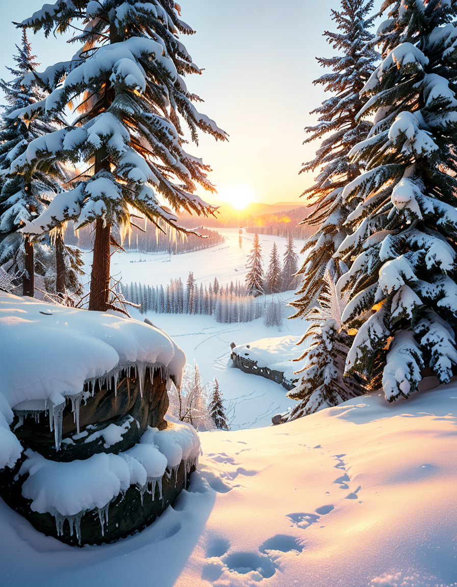 A breathtaking winter wonderland scene at dusk, with a snow-covered forest and a frozen lake reflecting the soft glow of the setting sun. Tall evergreen trees are dusted with fresh snow, their branches heavy and shimmering under the golden and pink hues of the sky. In the distance, a cozy wooden cabin with a smoking chimney emits a warm, inviting light through its frosted windows. The snow-covered ground glistens under delicate fairy lights hanging from tree branches, adding a magical atmosphere. Snowflakes gently fall from the sky, creating a serene and peaceful mood. In the foreground, a wooden bridge covered in snow crosses a small, partially frozen river, adding depth and charm to the composition. The entire scene feels enchanting and nostalgic, evoking the joy and tranquility of winter.
<lora:SDXLFaeTastic2400:0.4> <lora:extremely_detailed:0.4> extremely detailed ,<lora:winter_w0nd3rl4nd:1>,winter w0nd3rl4nd, Masterpiece,best quality,hi res,8k,hi res,8k,award winning,(sharp focus, intricate, highly detailed),