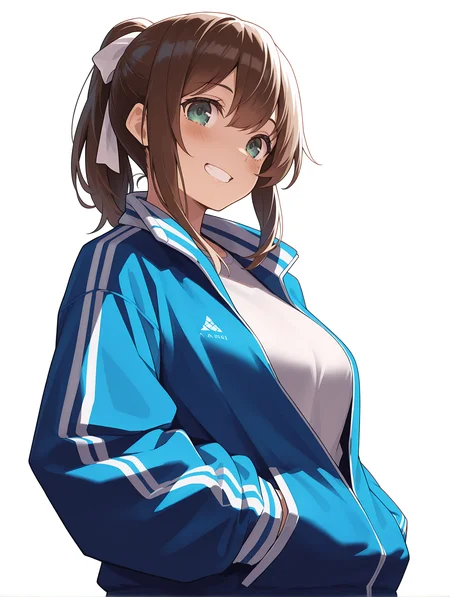 masterpiece,best quality,newest,
1girl,solo,
<lora:amemiya_natsumi_ilxl_v1.1:1>,a_natsumi,brown hair,green eyes,
blue jacket,
<lora:Fixhands_anime_bdsqlsz_V1:1>,upper_body,hand in pocket,looking_at_viewer,white_background,simple_background,ponytail,white hair bow,grin,light_blush,