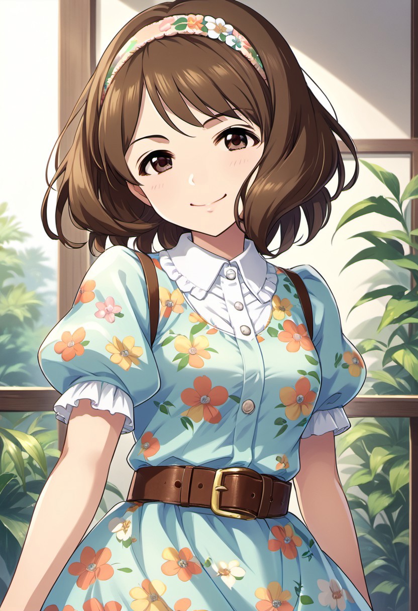 score_9, score_8_up, score_7_up, source_anime, nagatomi hasumi, brown hair, brown eyes, short hair, 1girl, solo, smile, hairband, dress, belt, looking at viewer, floral print, short sleeves, puffy short sleeves, puffy sleeves