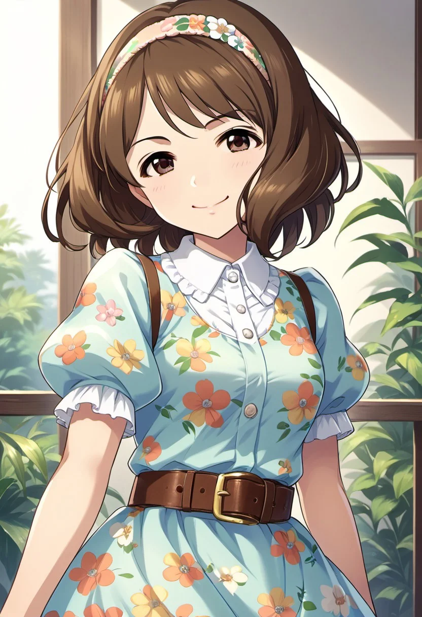 score_9, score_8_up, score_7_up, source_anime, nagatomi hasumi, brown hair, brown eyes, short hair, 1girl, solo, smile, hairband, dress, belt, looking at viewer, floral print, short sleeves, puffy short sleeves, puffy sleeves