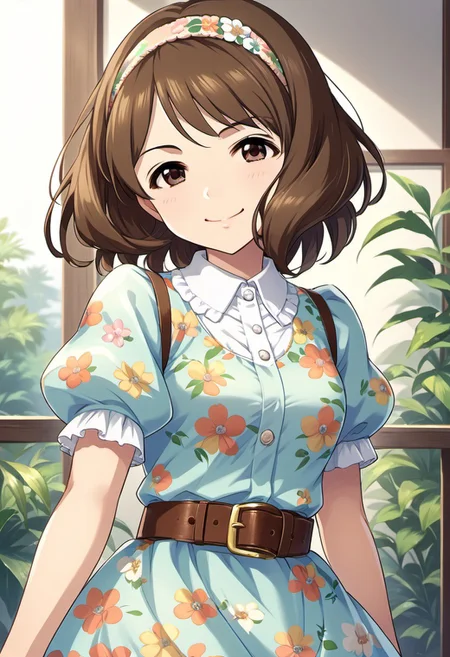 score_9, score_8_up, score_7_up, source_anime, nagatomi hasumi, brown hair, brown eyes, short hair, 1girl, solo, smile, hairband, dress, belt, looking at viewer, floral print, short sleeves, puffy short sleeves, puffy sleeves
