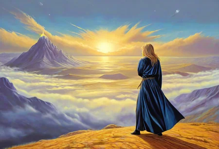 1woman, blonde hair, she's the grim reaper, facing away, rocky hill, standing, black robe blowing in the wind, clouds, sky, sunset, stars, cosmic, in meditation, ultra detailed landscape, bright yellow energy surrounding surrounding her, volumetric lighting, ultra detailed clothes, ultra detailed body, ultra detailed hair, looking at an ancient city made of blue crystals is in the distance, serenity, glowing,
by Natalia Rak and Barclay Shaw in the style of Jessica Rossier, <lora:EnvyAnimeWatercolorXL02:0.60> , Elmore_Style_LX <lora:Elmore_Style_LX-000011:0.60>
