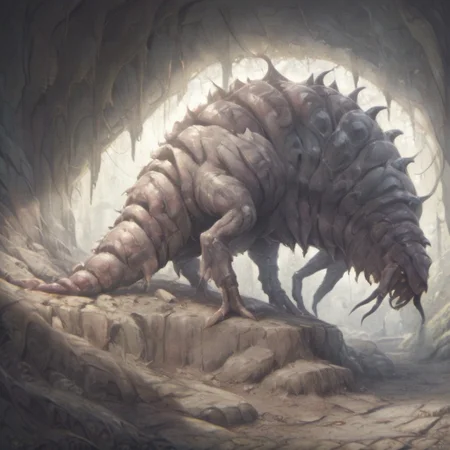 Dark Fantasy page, Inside a crypt. sluggirl woman,, stone, giant centipede, living mnoster made of stone,