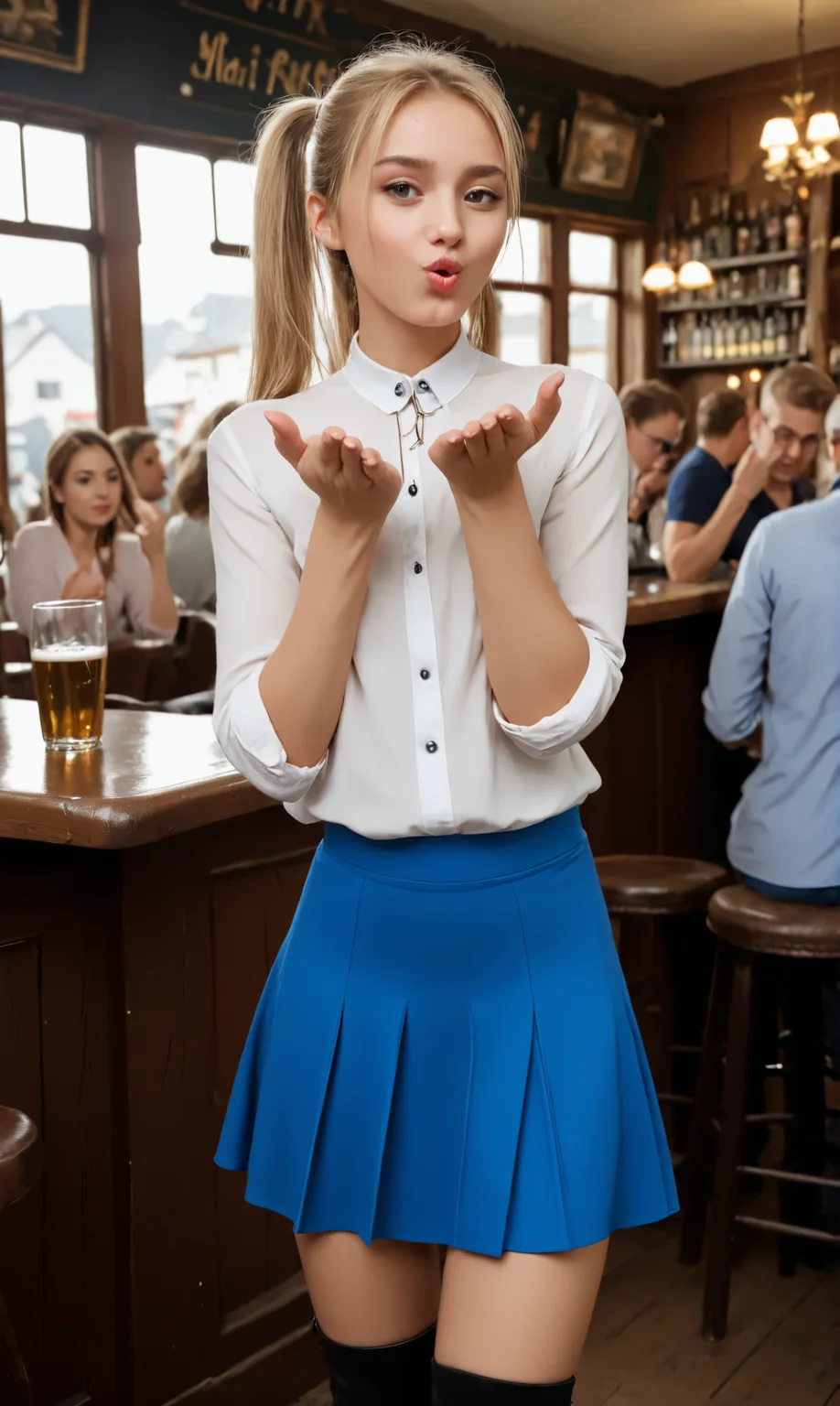 blaiki, wiboha, (slim 25 years old girl) in blue skirt and white blouse is blowing an air kiss with both hands, standing in a crowded pub. black (thigh high boots), necklace, long blonde ponytail
<lora:AirKiss:1>
