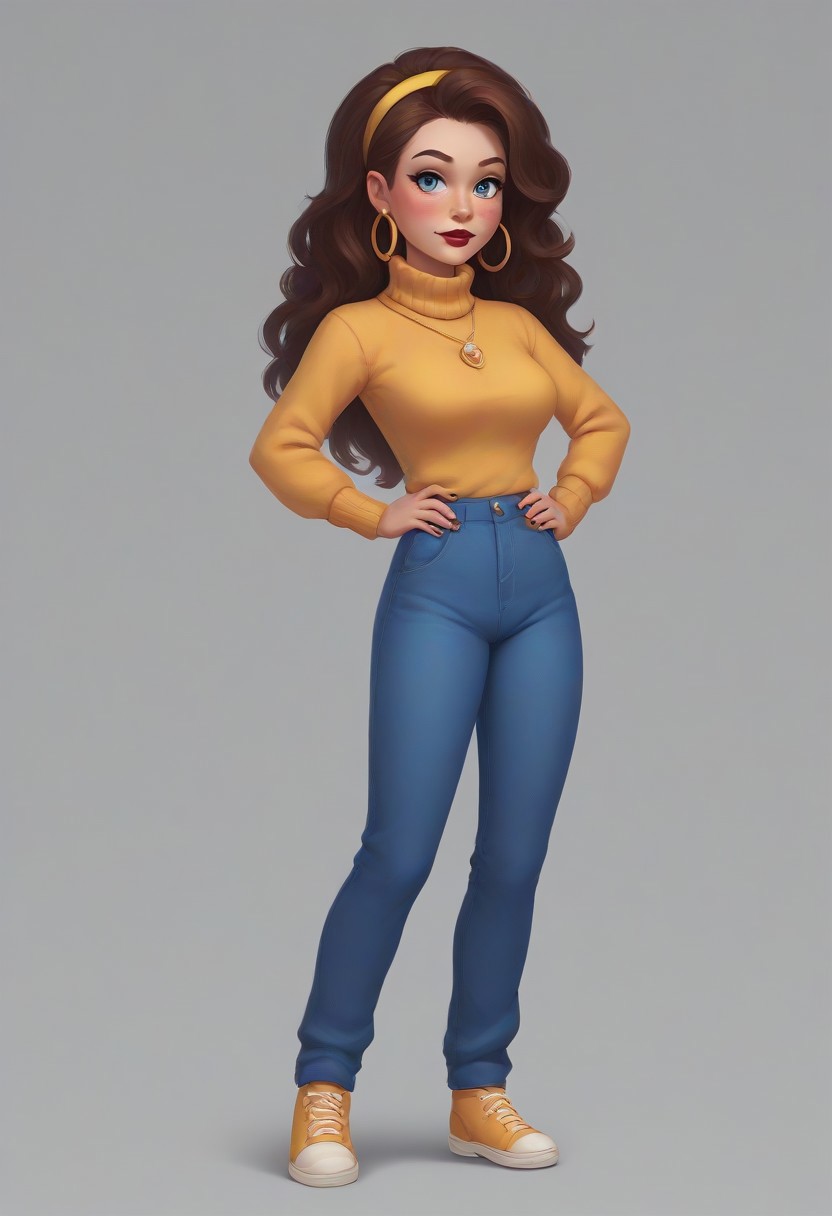 score_9, score_8_up, score_7_up, score_6_up, CGAS, BREAK 1girl, young, solo, medium breasts, blue eyes, dark red lipstick, blush, long brown hair, yellow headband, dark green hoop earrings, bright red turtleneck sweater, pink round brooch on the right side of the chest, blue jeans with cuffs, black sneakers with white laces, black manicure, BREAK hands on the waist, looking at viewer, standing, cowboy shot, semi-sideways, half-sideways, BREAK simple background, gray background