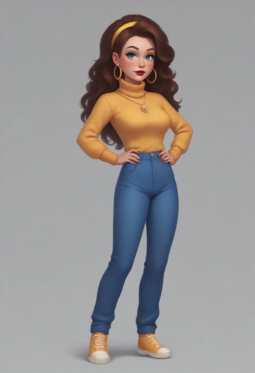 score_9, score_8_up, score_7_up, score_6_up, CGAS, BREAK 1girl, young, solo, medium breasts, blue eyes, dark red lipstick, blush, long brown hair, yellow headband, dark green hoop earrings, bright red turtleneck sweater, pink round brooch on the right side of the chest, blue jeans with cuffs, black sneakers with white laces, black manicure, BREAK hands on the waist, looking at viewer, standing, cowboy shot, semi-sideways, half-sideways, BREAK simple background, gray background