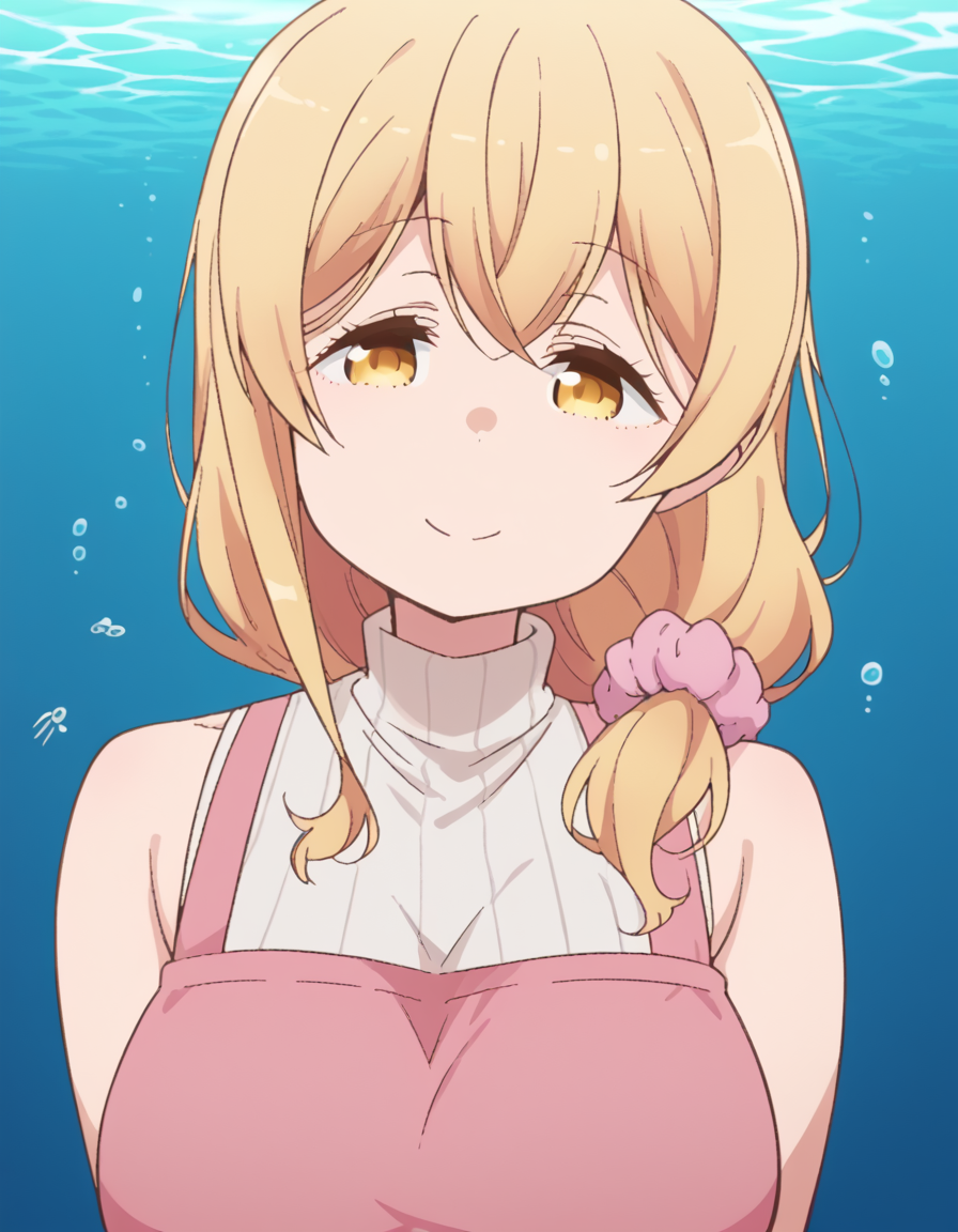 score_9, score_8_up, score_7_up, source_anime, <lora:ayaka-sunohara-s1-ponyxl-lora-nochekaiser:1>, ayaka sunohara, long hair, bangs, blonde hair, yellow eyes, mature female,, dress, sleeveless, apron, sweater, turtleneck, scrunchie, hair over shoulder, ribbed sweater, hair scrunchie, pink scrunchie,, seafloor, coral, fish, underwater, blue, smile, <lora:seductive-smile-ponyxl-lora-nochekaiser:1>, seductive smile, come hither, naughty face,, looking at viewer, solo,, dutch angle, cowboy shot