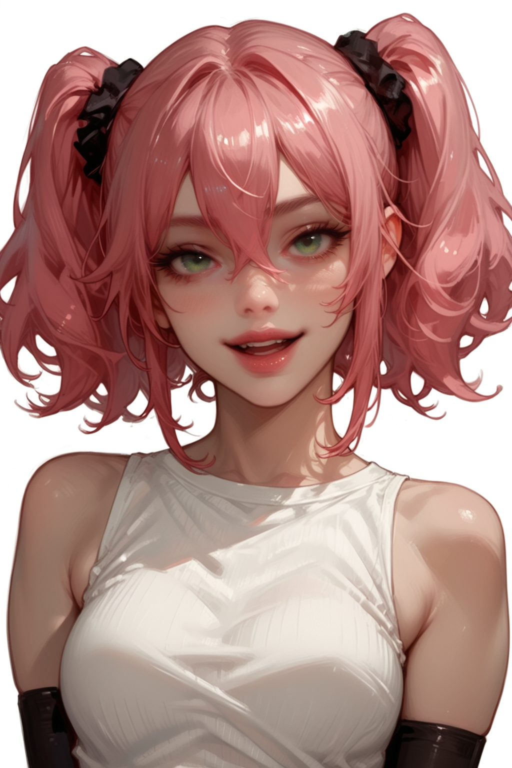 1girl, solo, green eyes, pink hair, twintails, looking at viewer, open mouth, bare shoulders, smile, scrunchie, hair between eyes, hair scrunchie, upper body, hair ornament, white shirt, sleeveless, shirt, elbow gloves, short hair, zPDXL3, detailxl,  Score_PnyReal