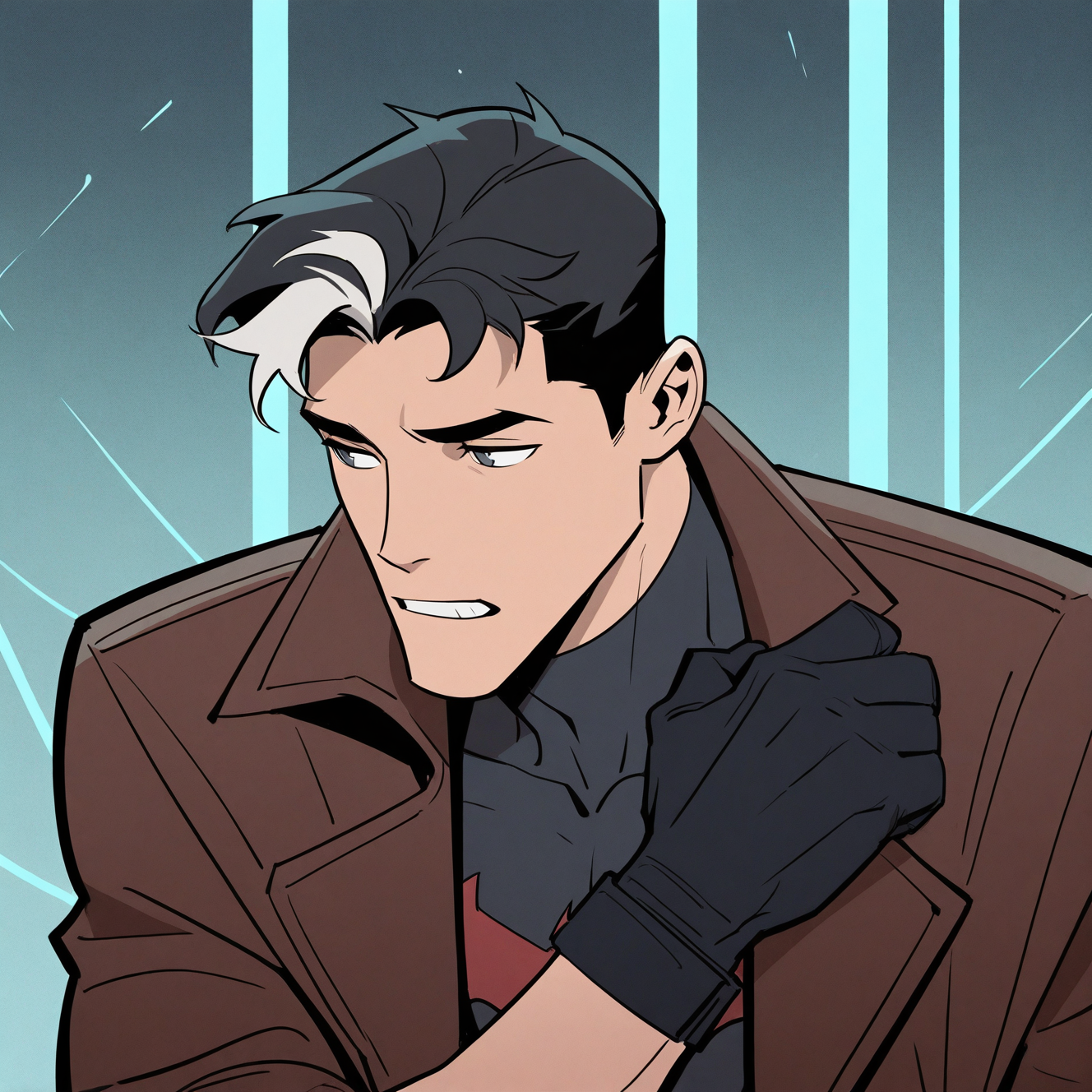 <lora:JASON_TODD-IL:1> wfaJasonTodd, 1boy, black bodysuit, black gloves, black hair, black shirt, bodysuit, bodysuit under clothes, brown coat, brown jacket, coat, covered collarbone, gloves, hand up, jacket, looking to the side, male focus, multicolored hair, open clothes, open coat, open jacket, shirt, short hair, solo, spider web print, streaked hair, superhero, teeth, two-tone bodysuit, two-tone hair, upper body, white hair, motion blur, film grain, abstract, natural lighting, fantasy, cinematic, dynamic, very awa, masterpiece, best quality, absurdres, newest, perfect quality, detailed background, intricate details, (artist:fl \(l-fl\):0.7), (artist:tooboshoo:0.7), (artist:dizdoodz:0.8)