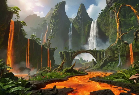 Split terrain in left and right side, where the right side is lava land landscape and the left side is a jungle and water.
masterpiece, best quality, ultra detailed, professional light, cinematic lighting, ambient lighting, atmospheric effects, photorealistic, epic landscape, high fantasy, waterfall, mountains, cliff, one bridge, (path with gold filled cracks), clouds, high trees, giant trees, weird trees, rainbow mushrooms, (jungle), volcano.
