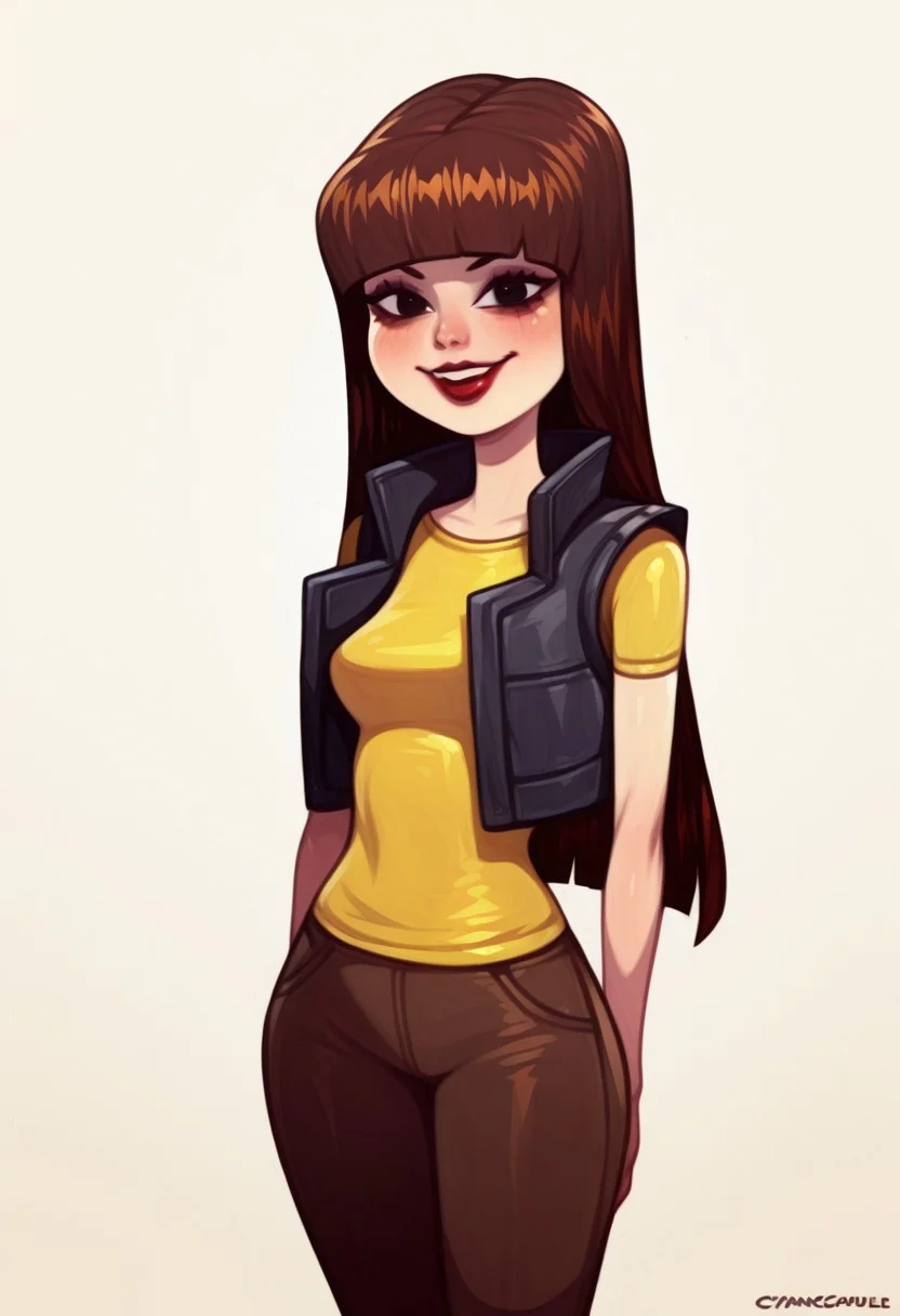 julie, 1girl, bangs, solo, blunt bangs, shirt, vest, lipstick, yellow shirt, black eyes, makeup, long hair, brown hair, black hair, smile, cowboy shot,white background, cyancapsule ,looking at viewer,, masterpiece, best quality, amazing quality, very aesthetic, absurdres