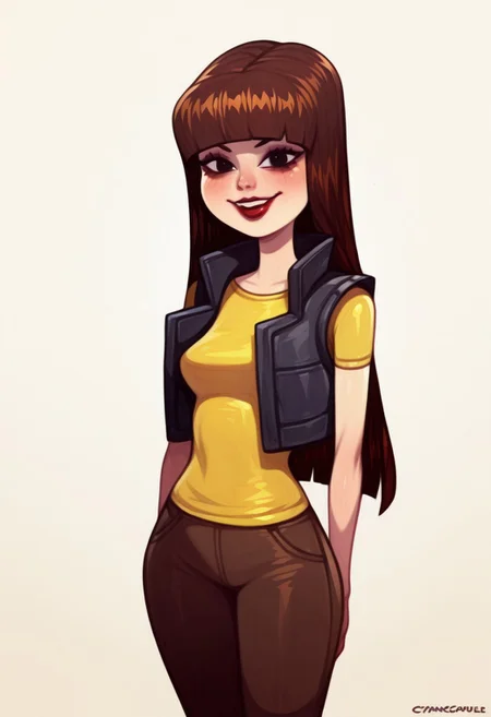 julie, 1girl, bangs, solo, blunt bangs, shirt, vest, lipstick, yellow shirt, black eyes, makeup, long hair, brown hair, black hair, smile, cowboy shot,white background, cyancapsule ,looking at viewer,, masterpiece, best quality, amazing quality, very aesthetic, absurdres