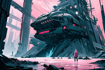 highly insanely detailed, masterpiece, top quality, best quality, highres, 4k, 8k, RAW photo, (very aesthetic, beautiful and aesthetic),
tsutomu nihei,nihei_tsutomu,blame!,blame gakuen!,abara,TNstyle,sidonia_no_kishi,(mausoleum,hangar,sidonia \(ship\),megastructure in background,tower,giant room,space,spacecraft),no human,open space,dystopia,destroyed,science fiction,blm,empty,
<lora:blameLora_v10:0.3>,
(1girl:1.3),
solo focus,
the submarine is navigating through mountain lake with crystal-clear water, snow-capped peaks in the background, pine trees lining the shore, a small cabin nearby,(pure pink background,transparent background:1.2),âââ