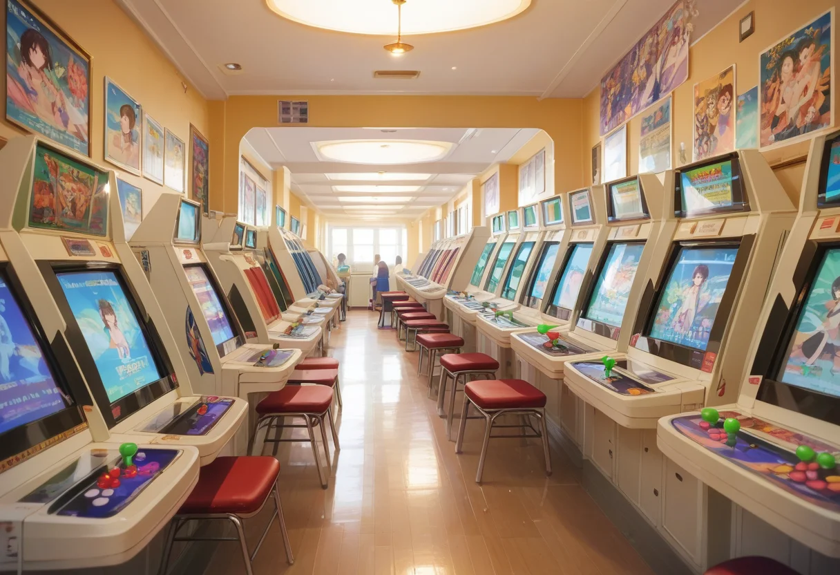 score_9, score_8_up, score_7_up, rating_safe, masterpiece, best quality, absurdres, unity 8k wallpaper, official art, official style, source_anime, uncensored, game cg, megami magazine,
game_center, scenery, japan, arcade cabinet, poster (object), indoors, multiple girls, sitting
<lora:gamecenter_pony_V1:1>