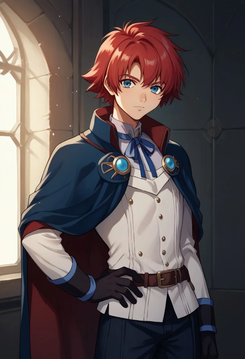 score_9, score_8_up, score_7_up, source_anime, highly detailed,
reidhershel, 1boy, solo, red hair, male focus, blue eyes, gloves, upper body, cape,
hand on hip, pants, black gloves, looking at viewer, ribbon,
neck ribbon,
indoor,