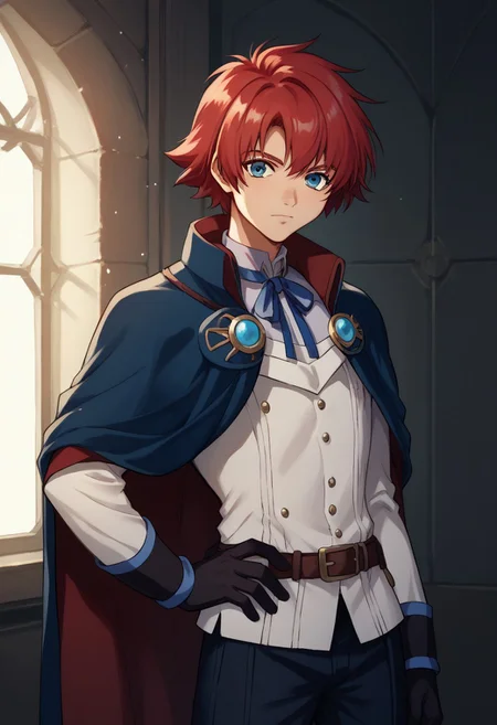 score_9, score_8_up, score_7_up, source_anime, highly detailed,
reidhershel, 1boy, solo, red hair, male focus, blue eyes, gloves, upper body, cape,
hand on hip, pants, black gloves, looking at viewer, ribbon,
neck ribbon,
indoor,
