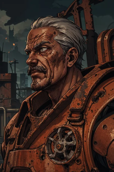 beautiful, linework, thick outlines, strong shadows, <lora:detail_slider_v4:1.0>,
(1man, wrinkled face, old male:1.2), frail, silver eyes, gray hair, mustache,
solo, (full body:0.6), looking down, detailed background, detailed face, (victorian theme:1.1), rust-warrior, rusty armor, (rusty:1.05), brown rust, weathered, corroded, worn-out, dirt, fully rusted, machinery, dynamic pose, abandoned rust in background, low light, shadows, dark clouds, cinematic atmosphere,
<lora:marker:0.2>,