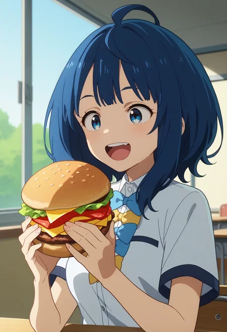 score_9, score_8_up, score_7_up, anime screencap, source_anime, 1girl, solo,
<lora:Anna_Yanami_Makeine_V2:.85>, KJOanna, blue hair, blue eyes, medium hair, ahoge,
school uniform, short sleeves, bowtie, upper body,
eating, holding burger, happy, open mouth,
School, classroom, window, sunny,
(Beautiful, medium Breasts:1.2),