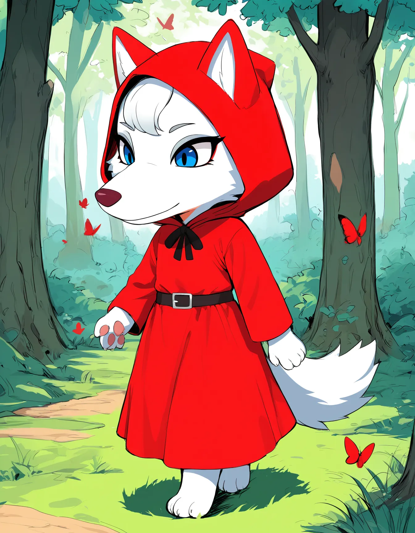 whitneyc, wolf, white fur, flat chest, 1girl, female, solo, blue eyes, maroon nose, tail, cartoon, full body, cartoon, sketch, flat color, desaturated, light smile, looking down, walking, red butterfly, countershading, grass, slit pupil, red dress, red hood, riding hood, belt, outdoors, forest, god rays, detailed background,
<lora:Whitney_v2Noob3s96:0.8> <lora:noobai_ep11_stabilizer_v0.138_fp16:0.8>