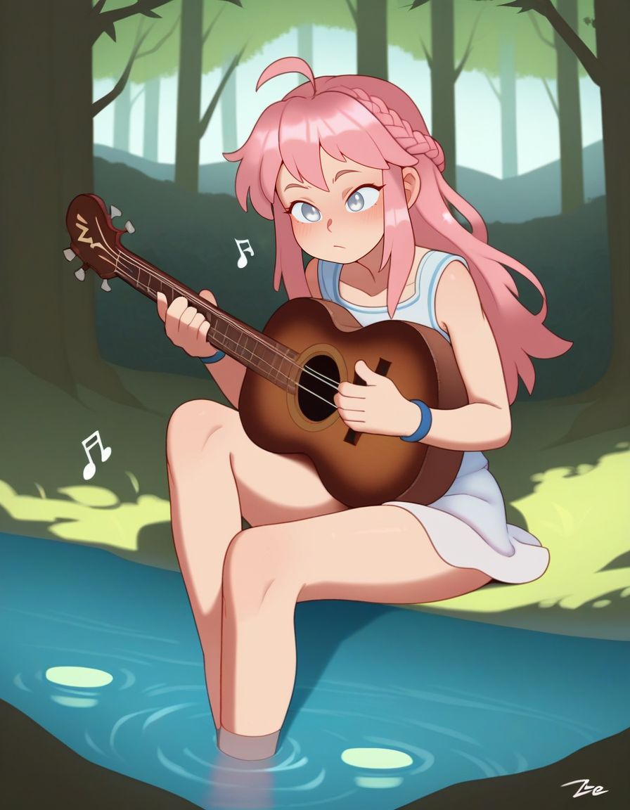 score_9,score_8_up,score_7_up, (csz) BREAK ,  silver  eyes,  ,  pink  hair, long hair,  ahoge, braid, solo, playing instrument,  sitting , one outstretched leg, musical note, in a forest , trees , lake ,