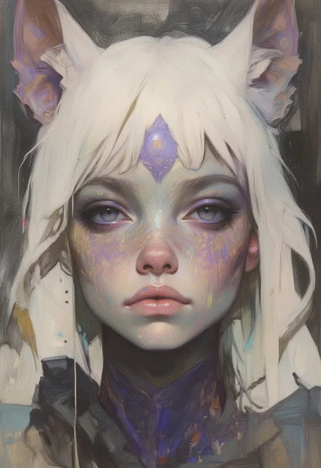 female, purple eyes, white hair, looking at viewer, solo, feral, clothing, hair, anthro, mammal, hi res, digital media (artwork), A detailed digital illustration of a woman's face, adorned with intricate patterns and vibrant colors. The woman's eyes are a deep purple, while her hair is a mix of white and black, while the background is a deep gray. The illustration captures a sense of mystery and mystery.