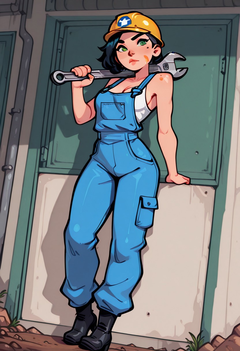 bridgetoon, kat_prime, Masterwork, masterpiece, best quality, (very aesthetic:1.2), (absurdres:1.2), newest, BREAK
dutch angle, wide shot, 1girl(green eyes, black hair, shaved sides), holding massive wrench resting on shoulder, loose coveralls, exposed cleavage, oil smears on face, clothes, body, large steel toe workboots, hard hat resting on ground next to feet