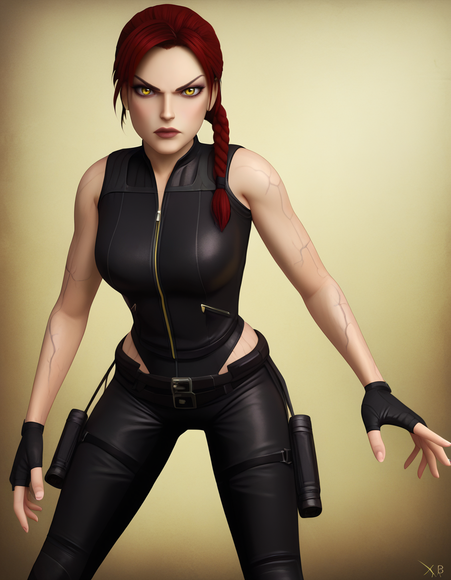 Masterpiece, high-res, 2k, best quality, 2d,  1 girl, laradopple , yellow eyes,  serious, medium shot, black veins, <lora:Lara_dopple_pony-000043:1> With legs spread wide open leaning forward slightly