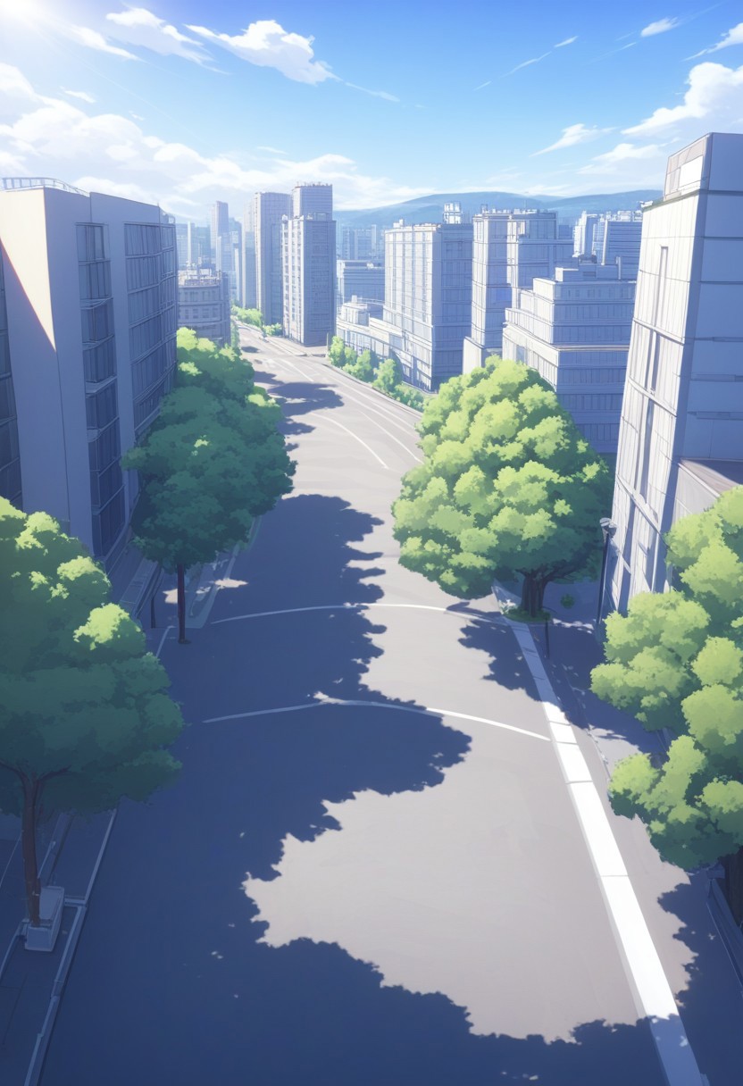 masterpiece, absurdres, best quality, Versabg, sky, tree, cloud, outdoors, scenery, no humans, building, day, blue sky, city, road, shadow, cityscape, street, lamppost, cloudy sky, sunlight