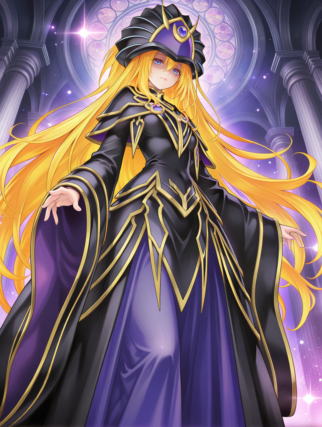 dark doriado,solo,1girl,looking at viewer,standing,black wizard hat,black robe,sparkle,official art,very long hair,from below,shaded face,
masterpiece,best quality,amazing quality,very aesthetic,absurdres,newest,<lora:Doriado 4 in 1 illusXL v1.1:0.7>,