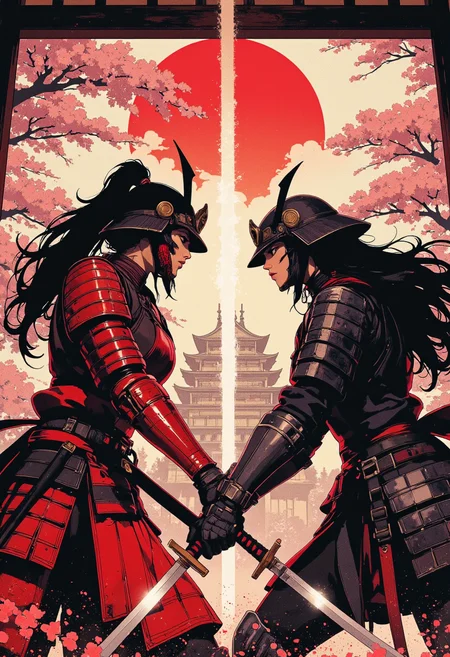 Image is a close up shot digital fantasy artwork featuring two female samurai characters fighting. Both are clad in heavy samurai armor. One armor is red and the other armor is black. both are clashing with katanas. The background is of the inside of a beautiful japanese castle, cherry blossom trees, japanese garden, dramatic angle