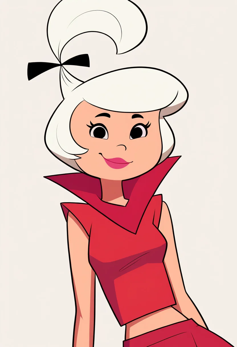 masterpiece, best quality, very aesthetic, absurdres,
1girl, judy, white hair, black eyes, lipstick, black hair bow, topknot,
red shirt, sleeveless, midriff, red skirt,
upper body,
closed mouth,
smile, looking at viewer, solo, simple background, white background, <lora:JudyJetsonNoobXL_byKonan:1>