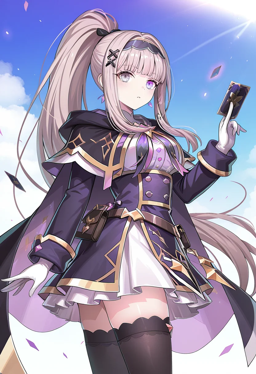 1girl, sole, masterpiece, best quality, high quality, vice(grand chase), heterochromia, purple eyes, grey eyes, light brown hair, ponytail, magician, earrings, long sleeves, cape, white gloves, black thighhighs, upper body, looking at viewer, holding card, blue sky,