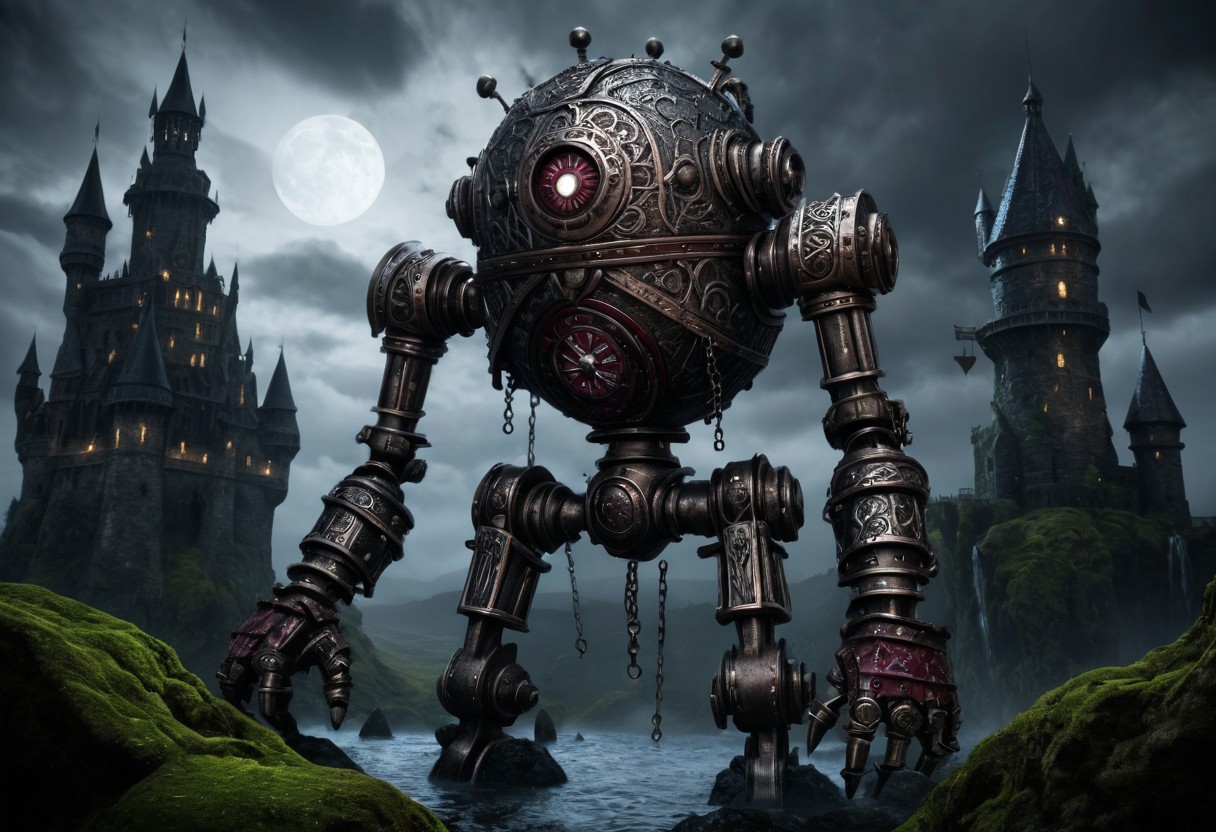 giant bipedal robot pewter silver and dark red stripes and bronze silver paisley robot. lacy robot cube spiked. head. outside of a steampunk keep. large detailed torso. dark image. one forty foot tall ancient robot with great arms and two heavy spring legs. dark foggy night background. $dark foggy night image only. dark photo realistic image. steampunk details. cogs, chains and pipes incorporated in the fantasy buildings. magic wizards tower in background. Dark swamp, moss, castle ruins, wizards tower. stormy dark night. small floating machines